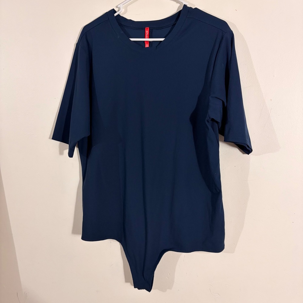 Spanx Bodysuit Womens 3XL Navy Blue Ribbed Short Sleeve Crew Neck TOP